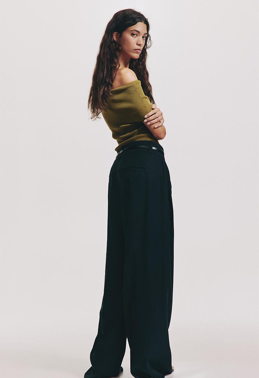 H&M - Rib-knit off-the-shoulder top - golden olive