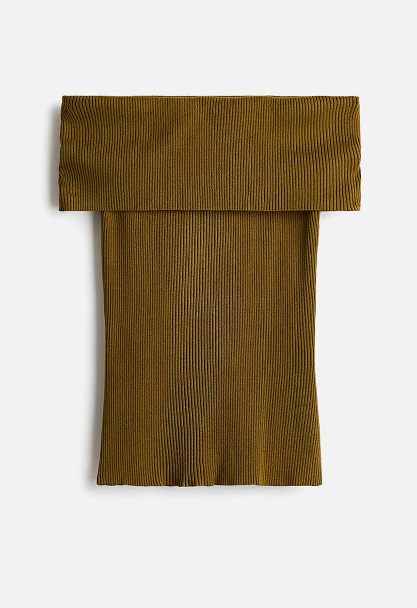 H&M - Rib-knit off-the-shoulder top - golden olive