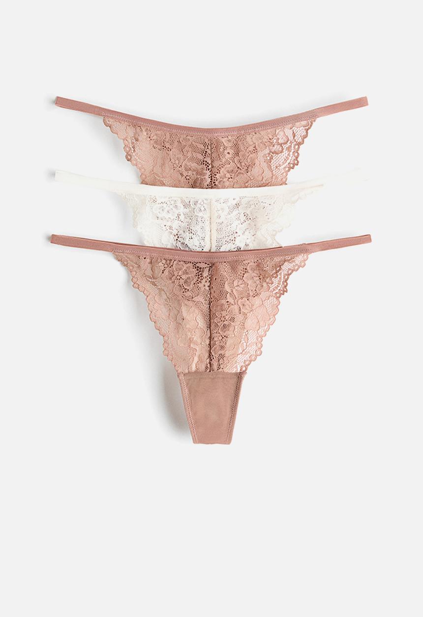 H&M - 3 pack lace tanga thong briefs - light brown/white