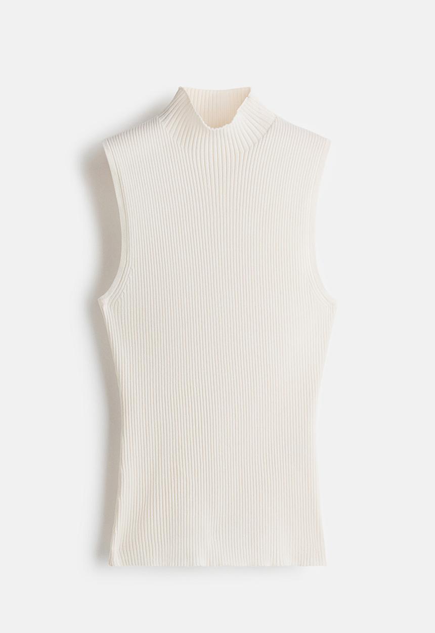 Rib-knit turtleneck top - cream - 1315649001
