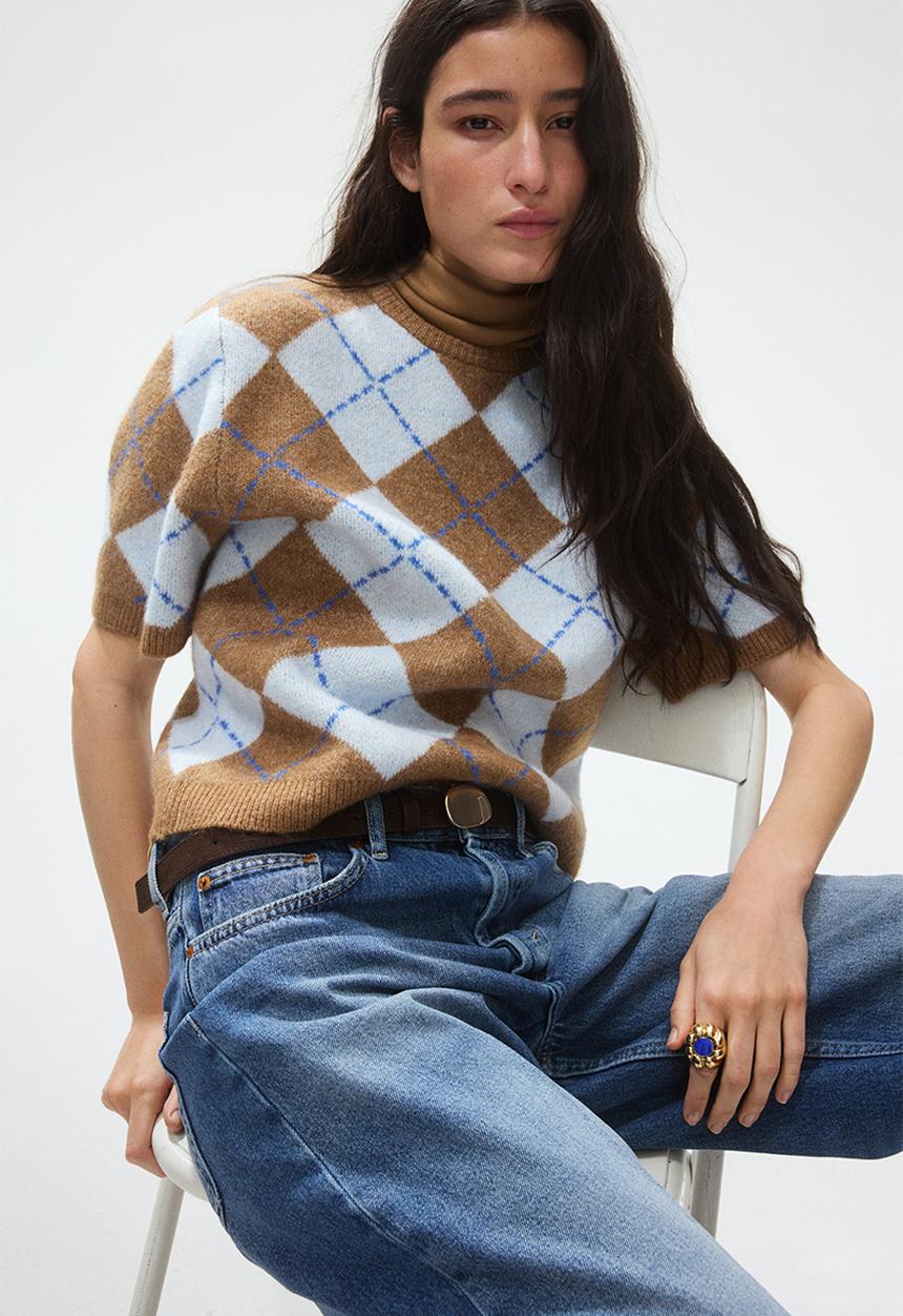 H&M - Short-sleeved jacquard-knit jumper - beige marl/argyle-patterned