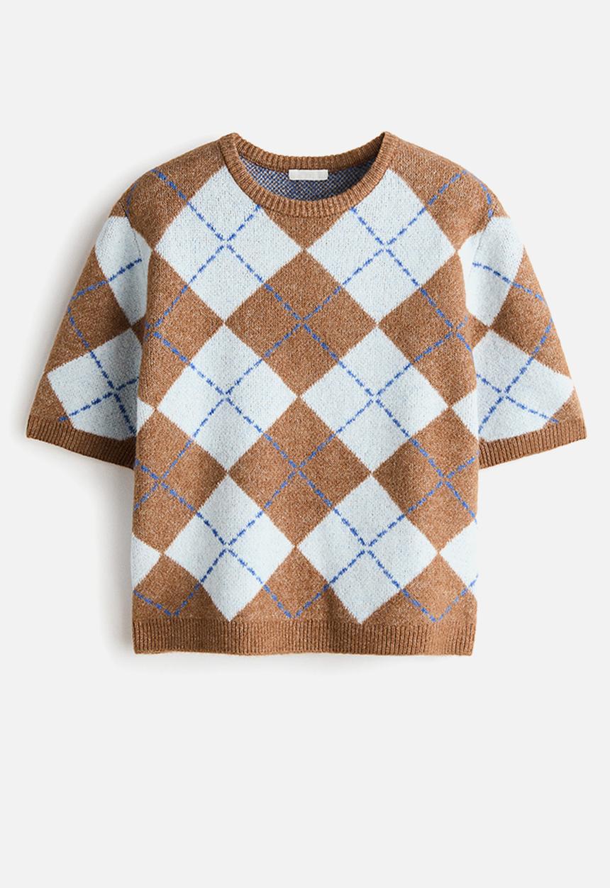 H&M - Short-sleeved jacquard-knit jumper - beige marl/argyle-patterned