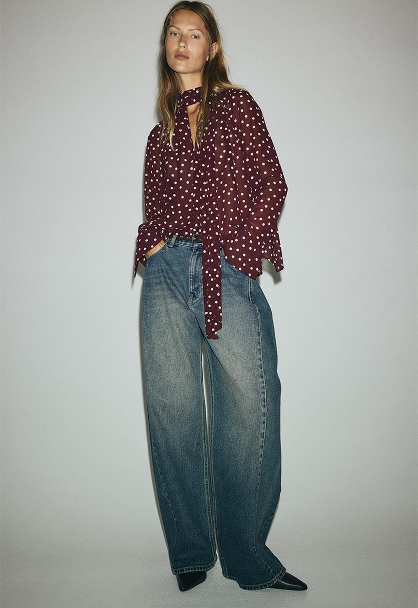H&M - Scarf-collar blouse - burgundy/spotted