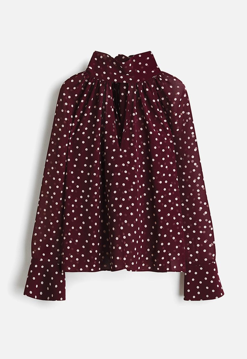 H&M - Scarf-collar blouse - burgundy/spotted