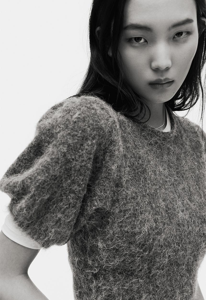 H&M - Knitted puff-sleeved top - grey marl