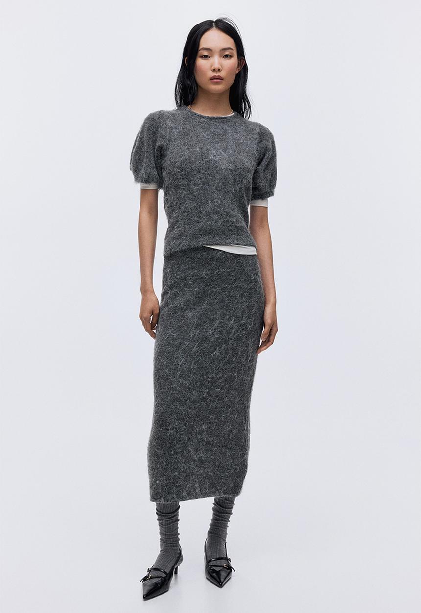 H&M - Knitted puff-sleeved top - grey marl