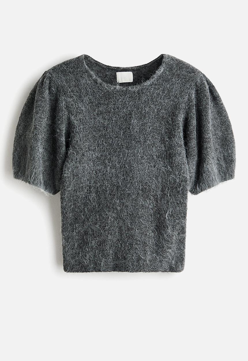 H&M - Knitted puff-sleeved top - grey marl