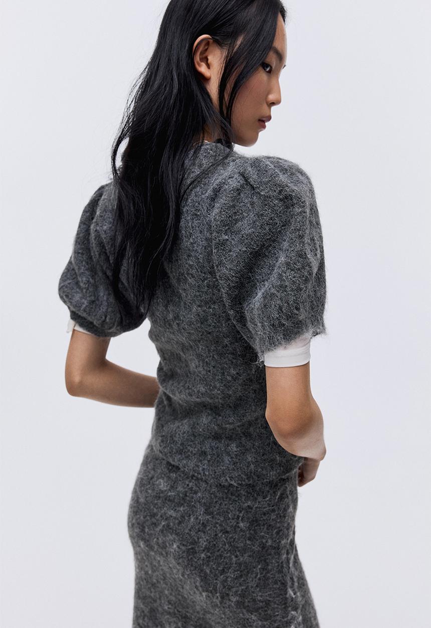 H&M - Knitted puff-sleeved top - grey marl