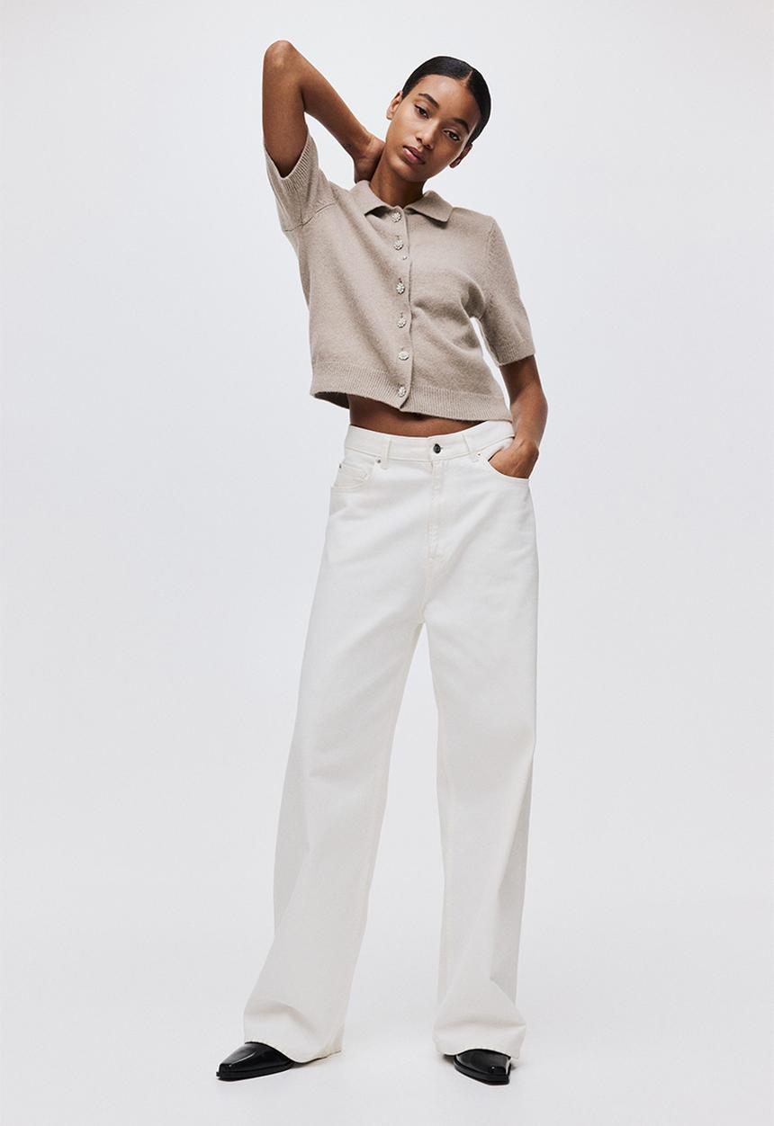 Short-sleeved collared cardigan - beige - 1315272001