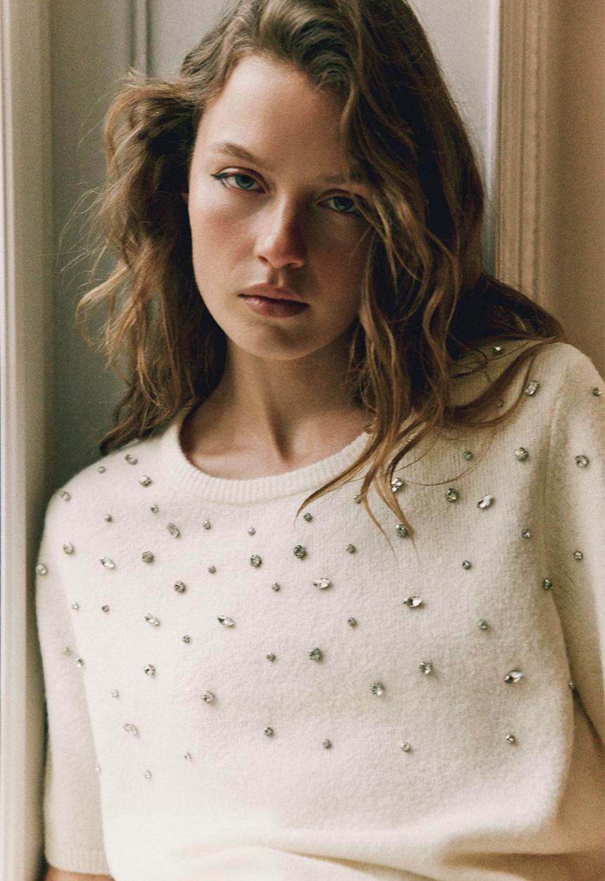 H&M - Rhinestone-embellished fine-knit top - white