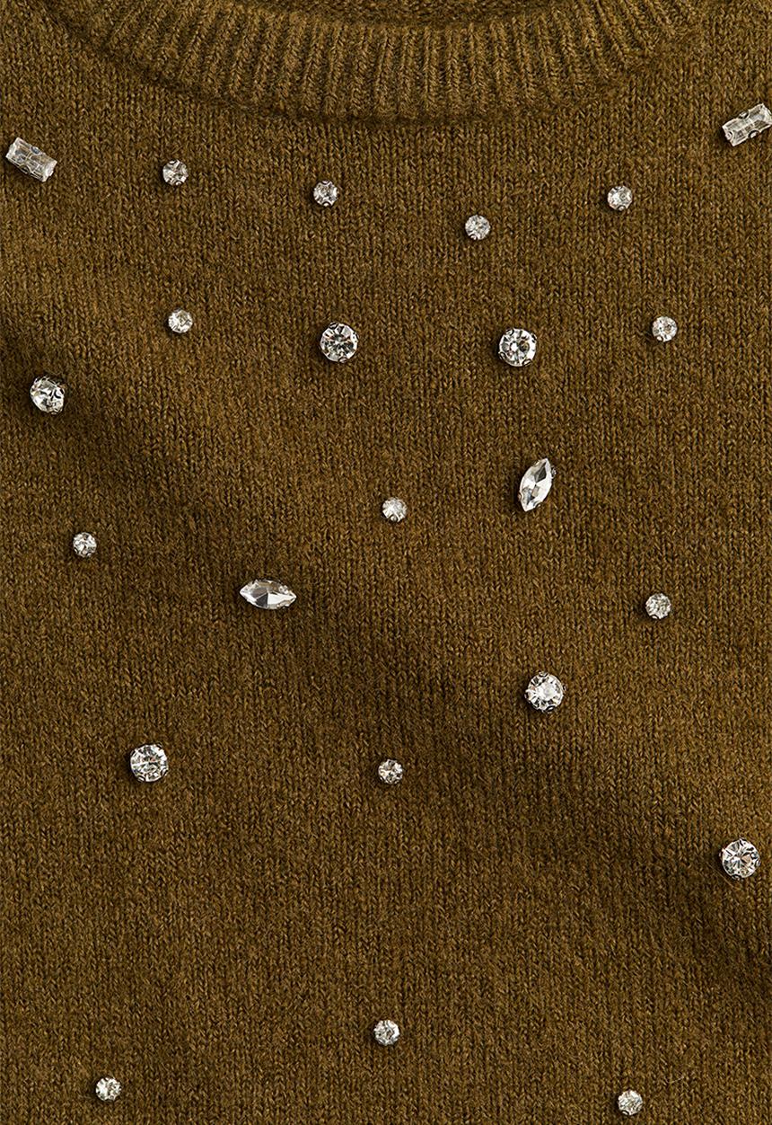 H&M - Rhinestone-embellished fine-knit top - dark khaki green
