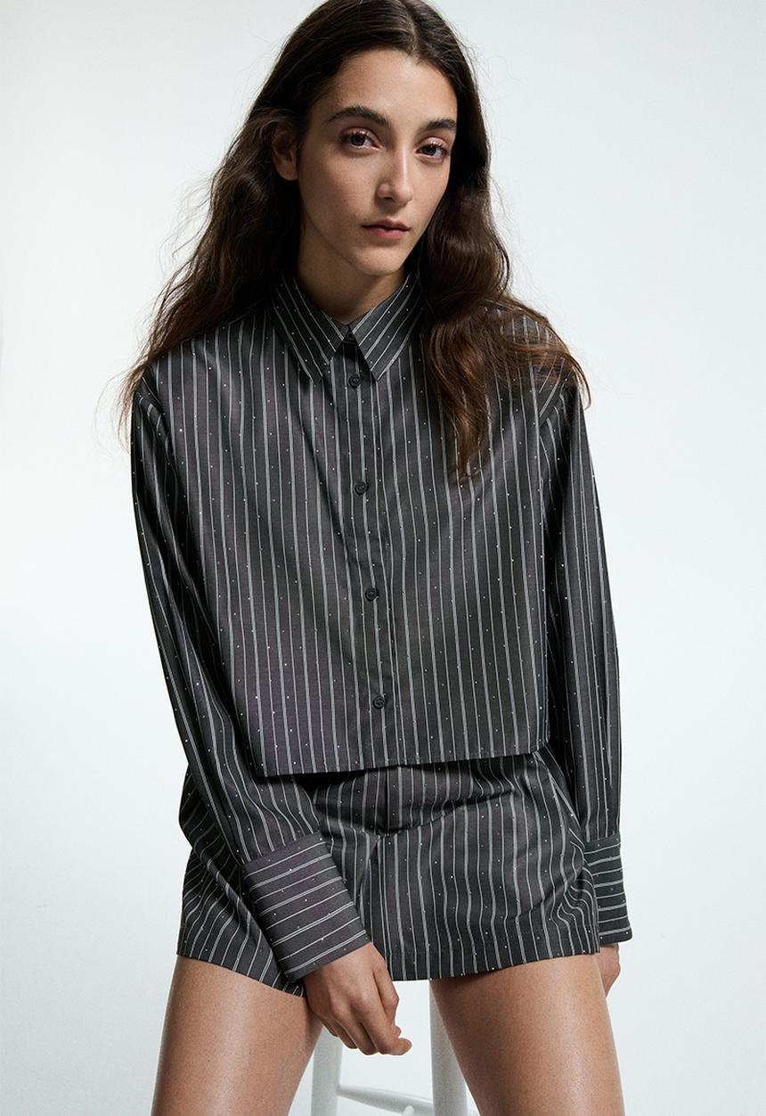 H&M - Short embellished shirt - dark grey/striped