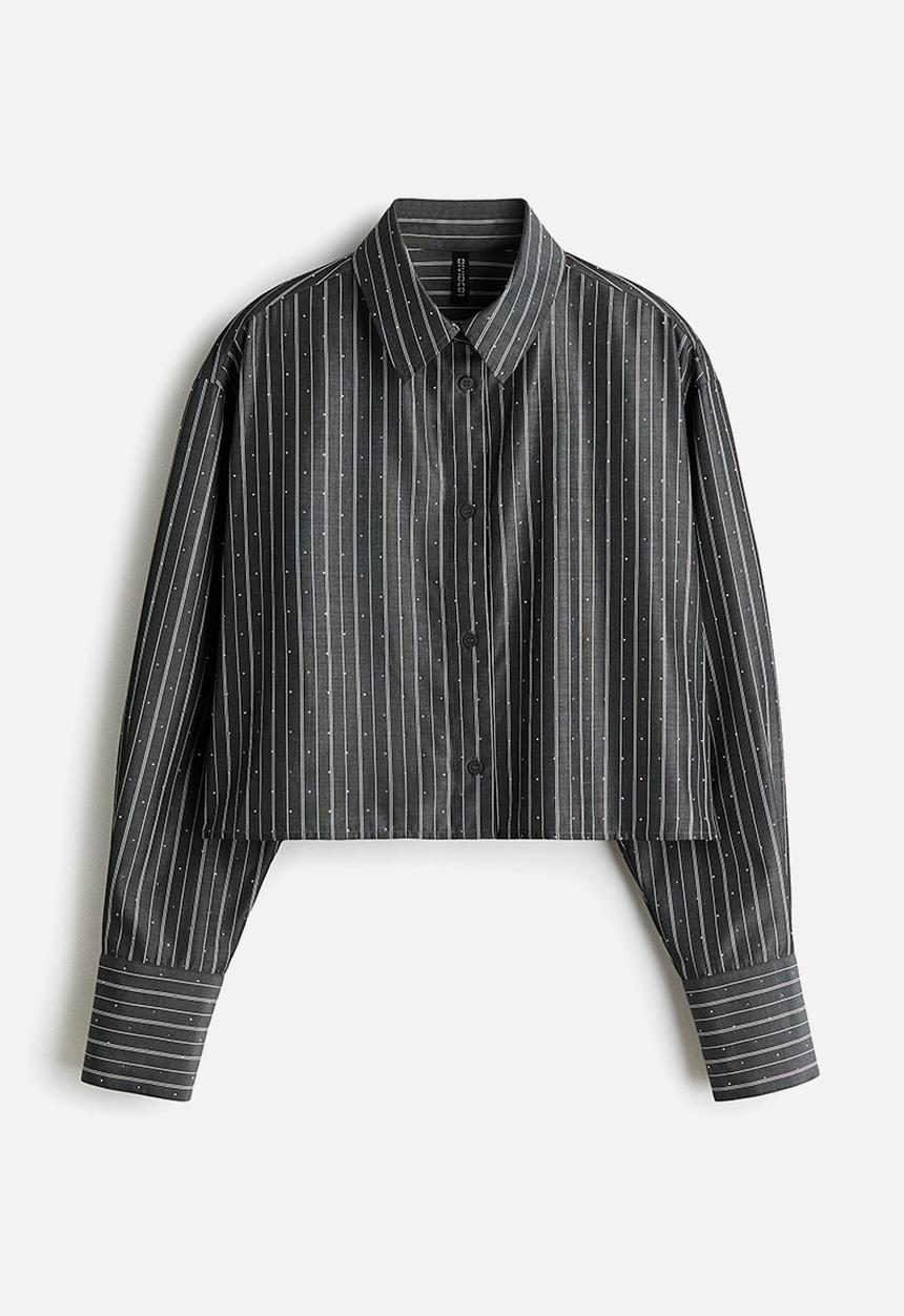 H&M - Short embellished shirt - dark grey/striped