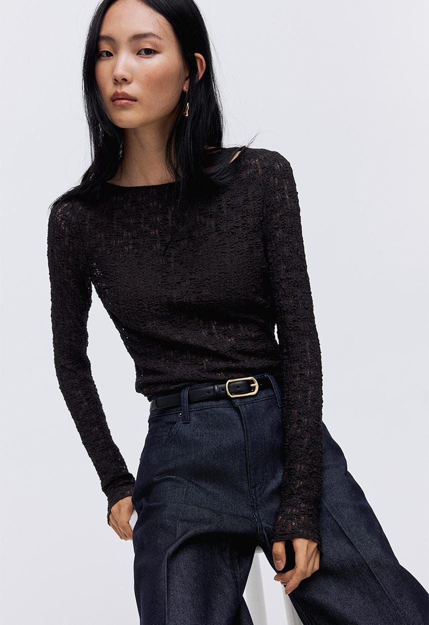 H&M - Lace-look jersey top - dark brown