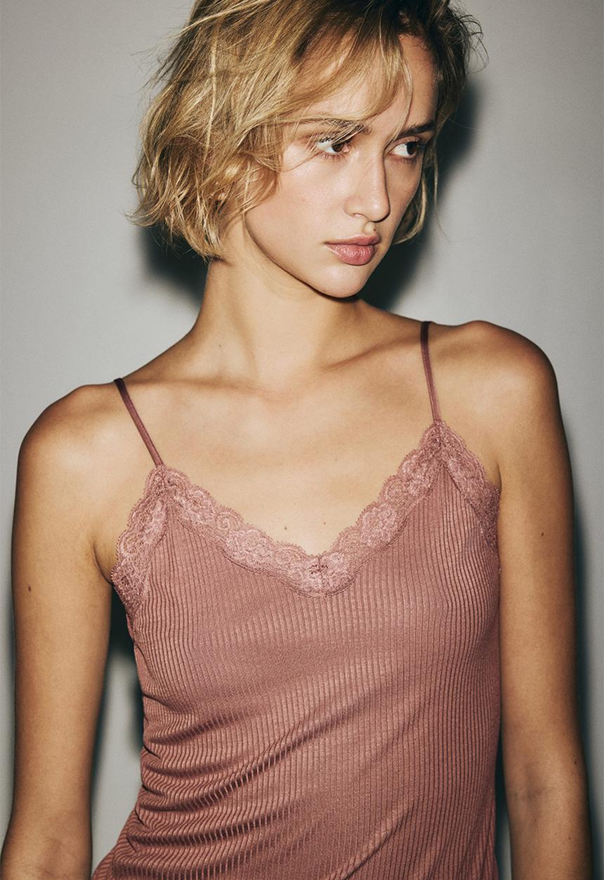 H&M - Lace-trimmed strappy top - dark dusty pink