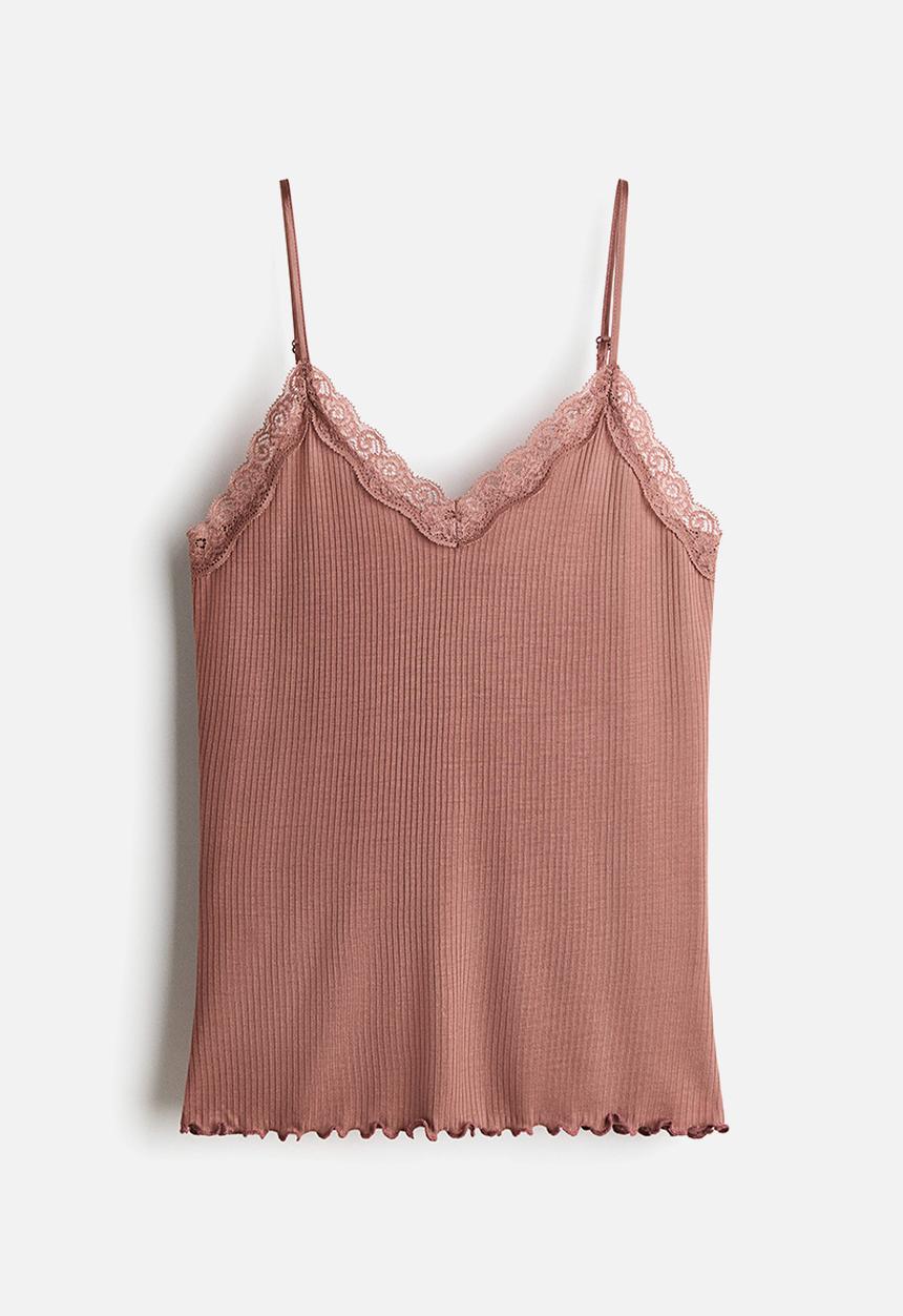 H&M - Lace-trimmed strappy top - dark dusty pink