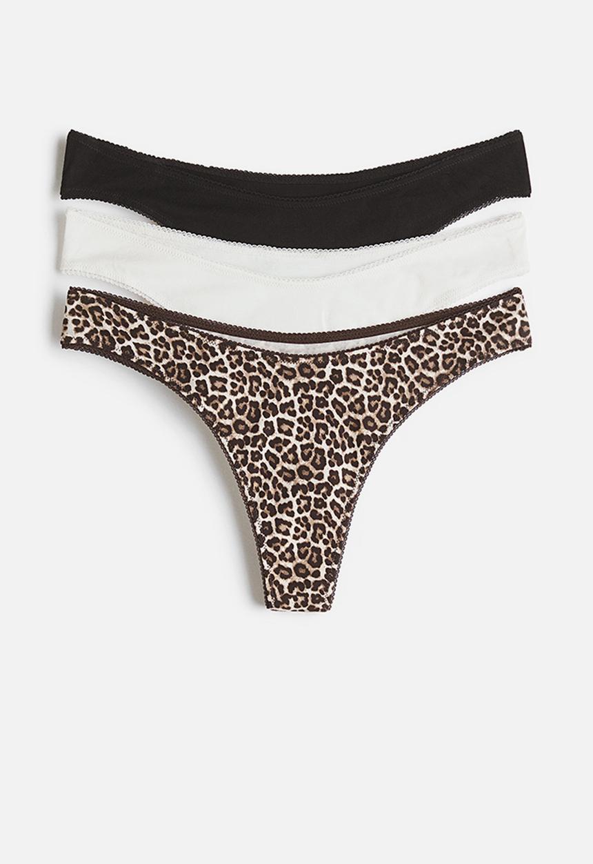 H&M - 3-Pack cotton thong briefs - dark brown/leopard print
