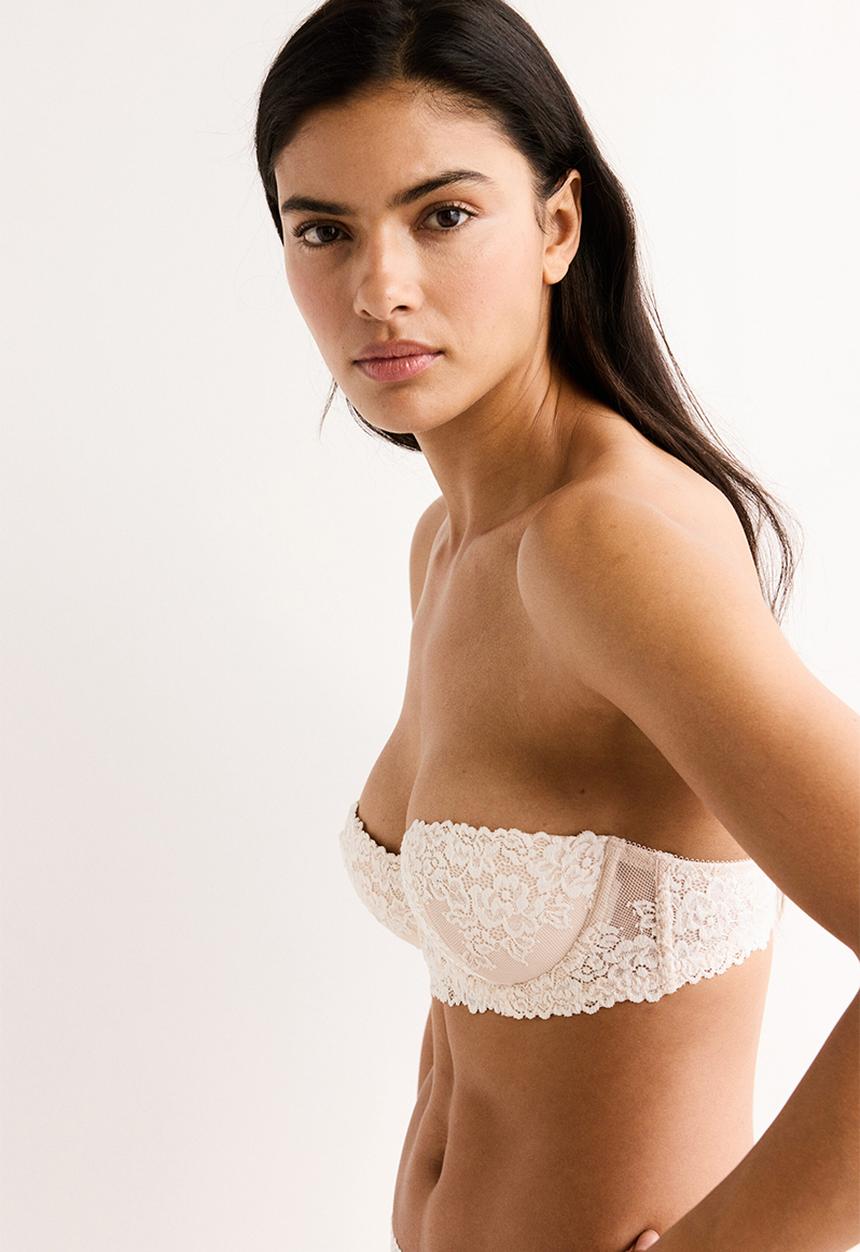 H&M - Padded lace balconette bra - light beige/white