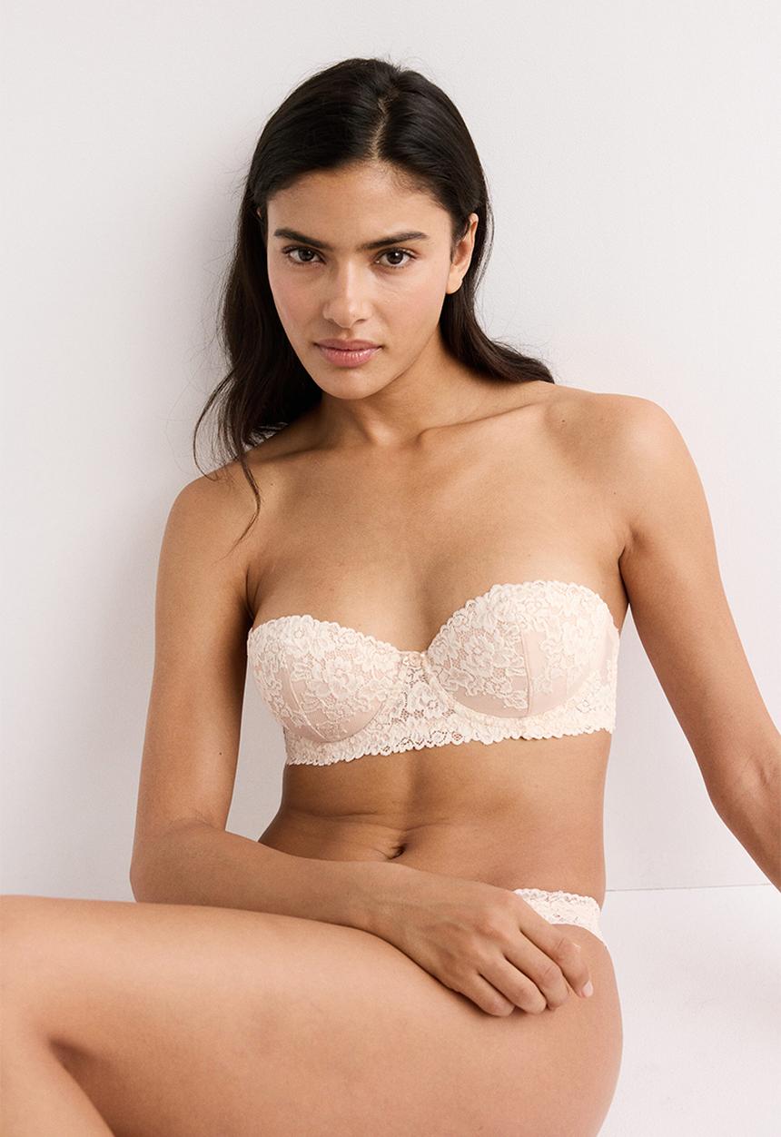 H&M - Padded lace balconette bra - light beige/white