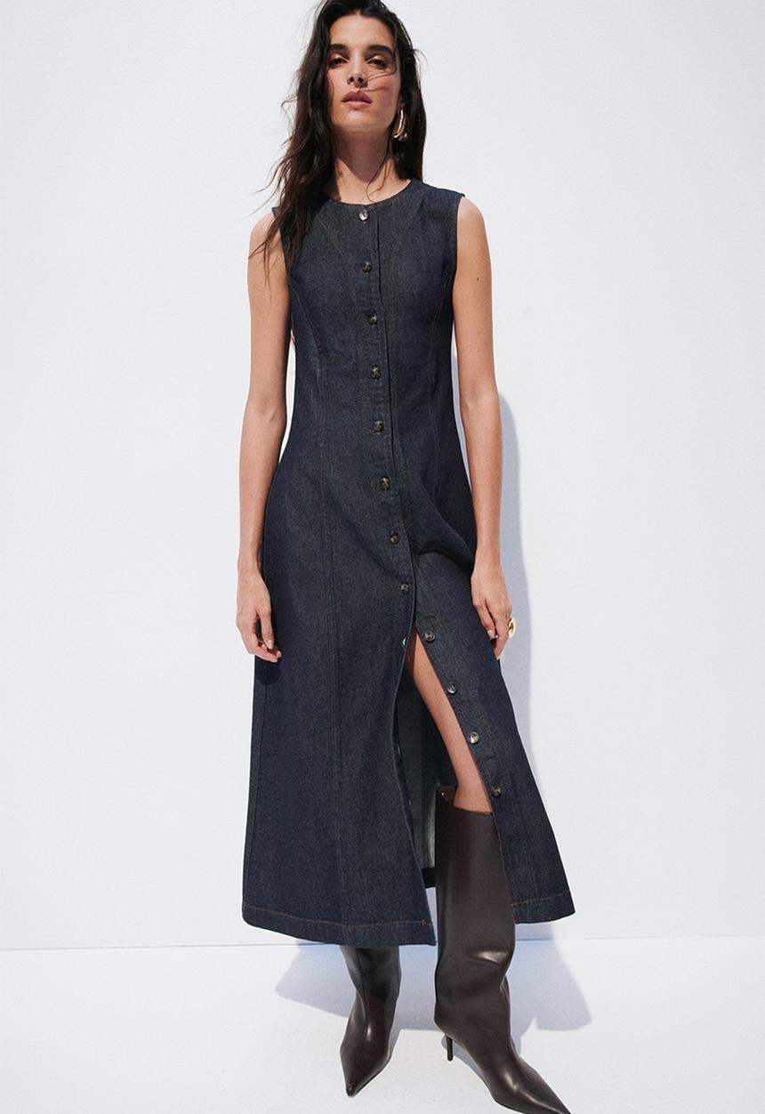 H&M - Button-front denim dress - dark denim blue