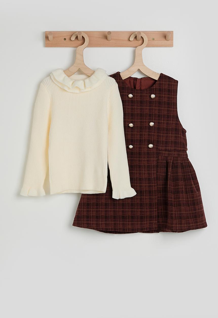 Pop Candy - Check tunic dress with ribbed long sleeve top - burgundy/cream