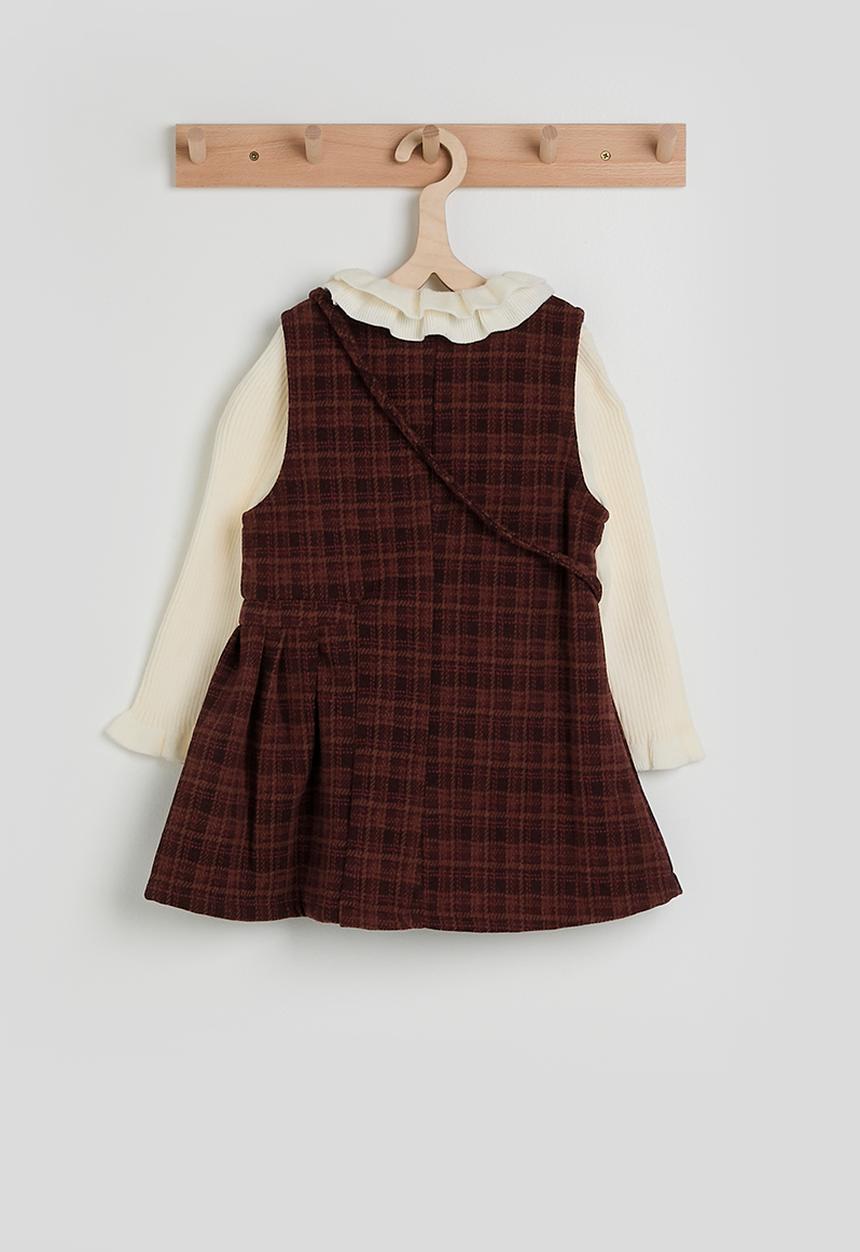 Pop Candy - Check tunic dress with ribbed long sleeve top - burgundy/cream