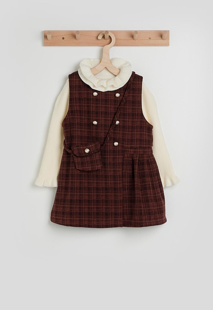 Pop Candy - Check tunic dress with ribbed long sleeve top - burgundy/cream