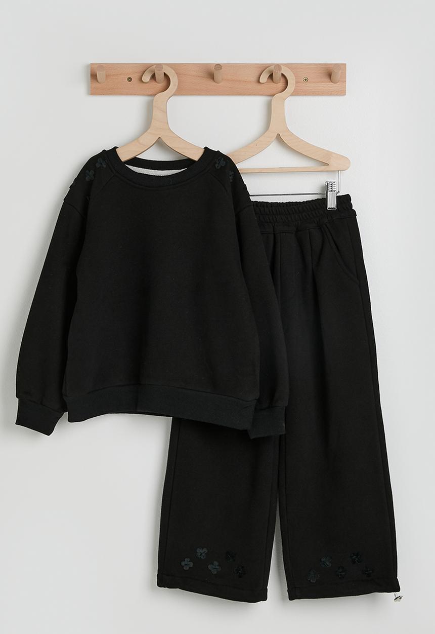 Pop Candy - Floral applique detail sweatshirt with drawstring sweatpants - black