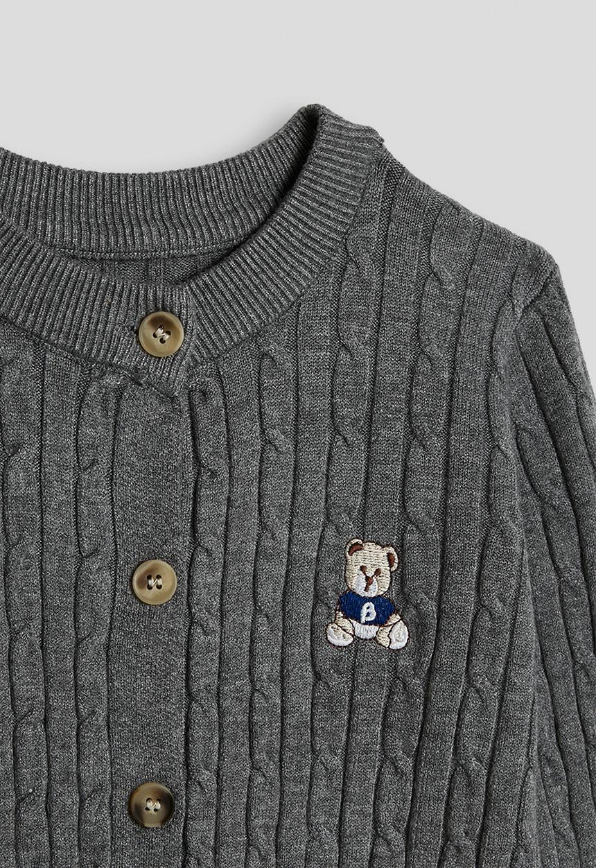 Pop Candy - Cable knit bear embroidered cardigan - cool grey