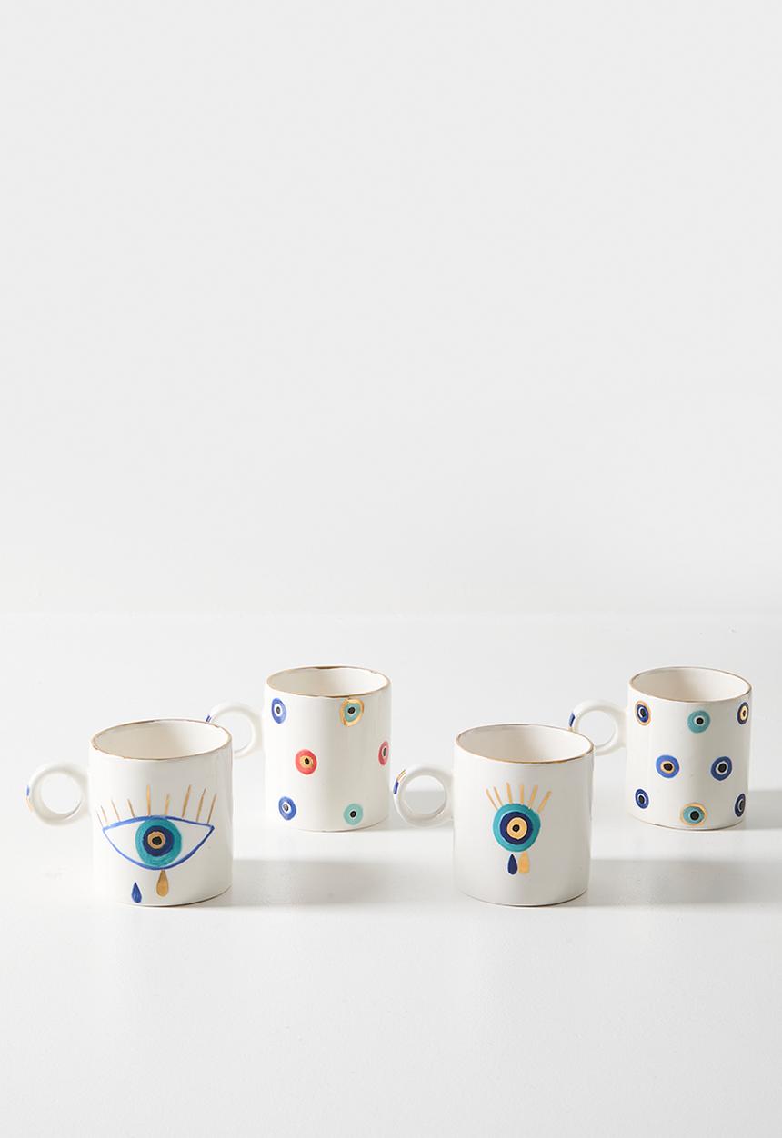 Urchin Art - Mari Mug Evil Eye Set of 4 - white