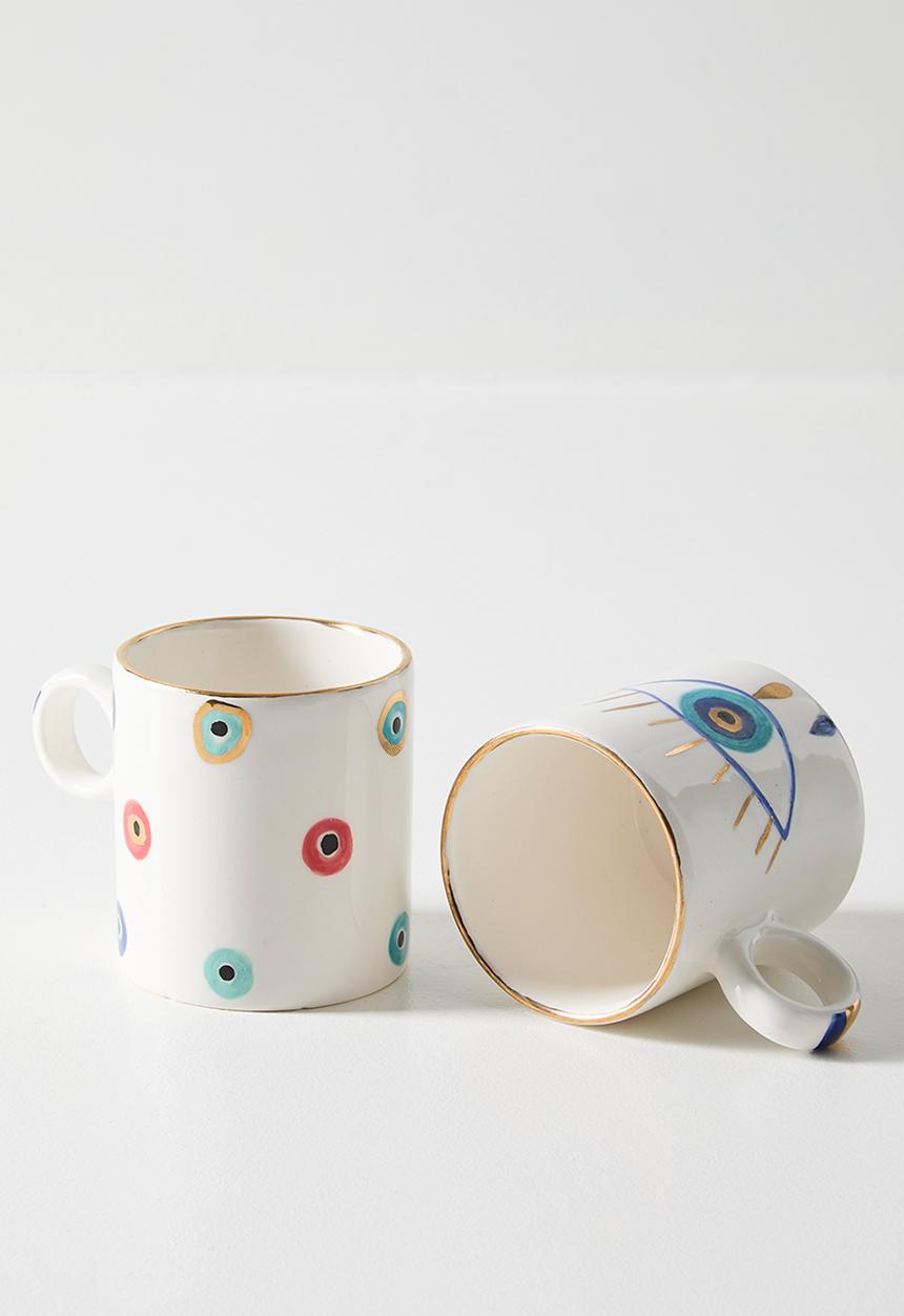 Urchin Art - Mari Mug Evil Eye Set of 4 - white