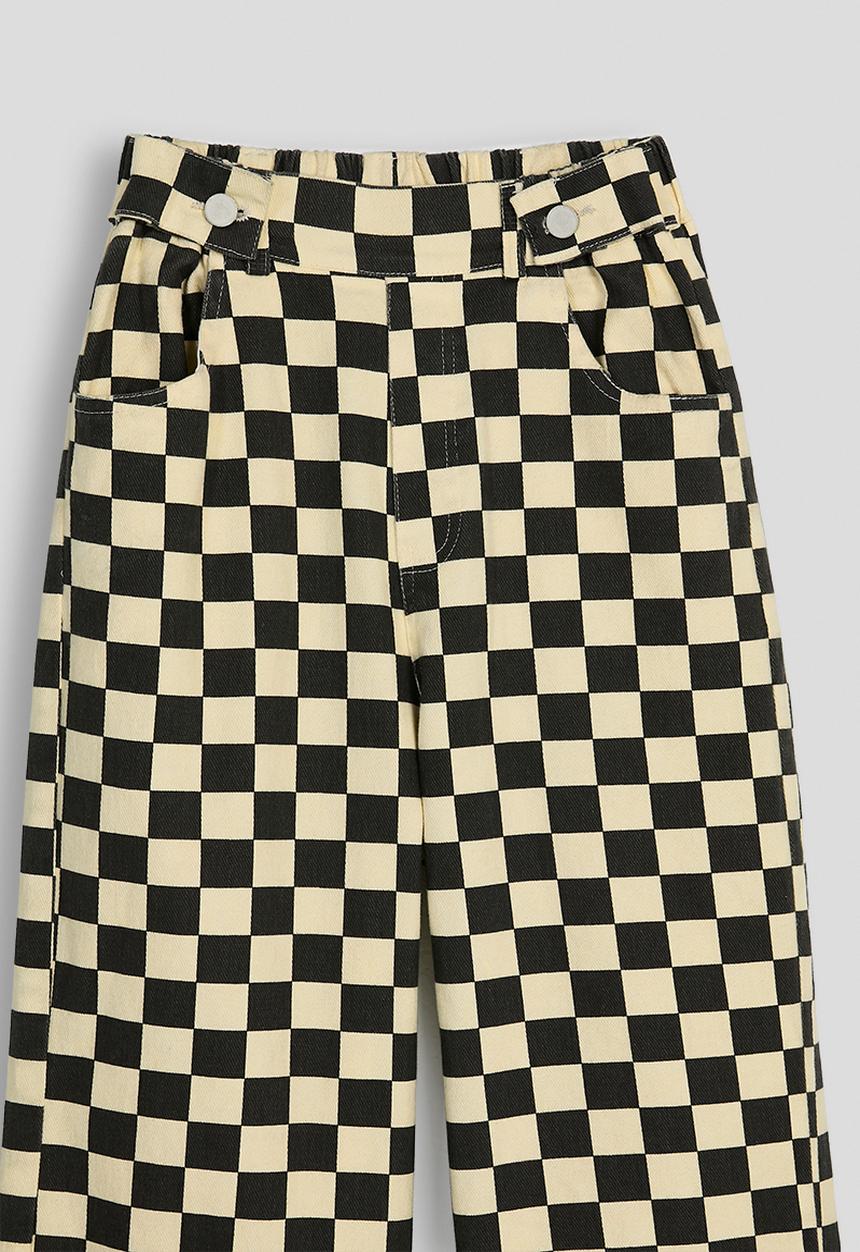 Pop Candy - Button tab wide leg jeans - black checkerboard/beige