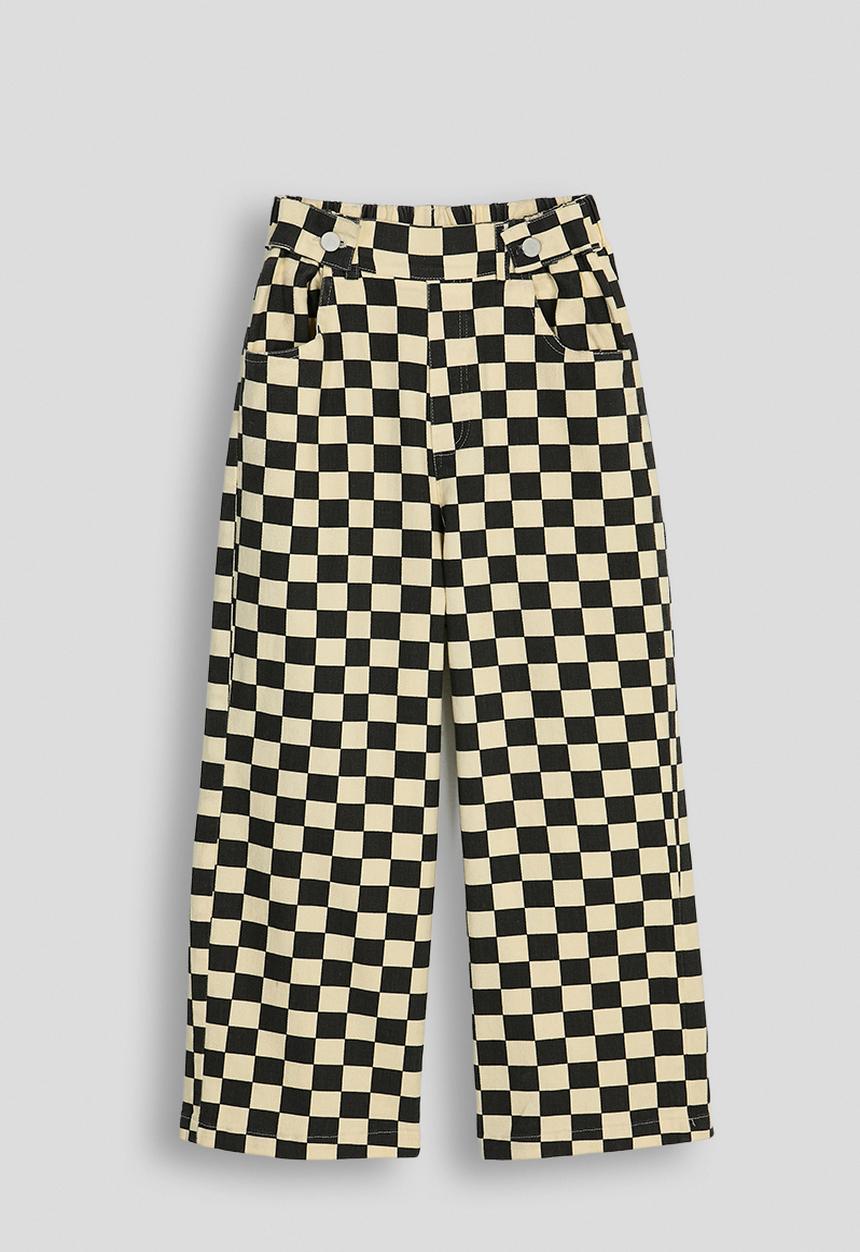 Pop Candy - Button tab wide leg jeans - black checkerboard/beige
