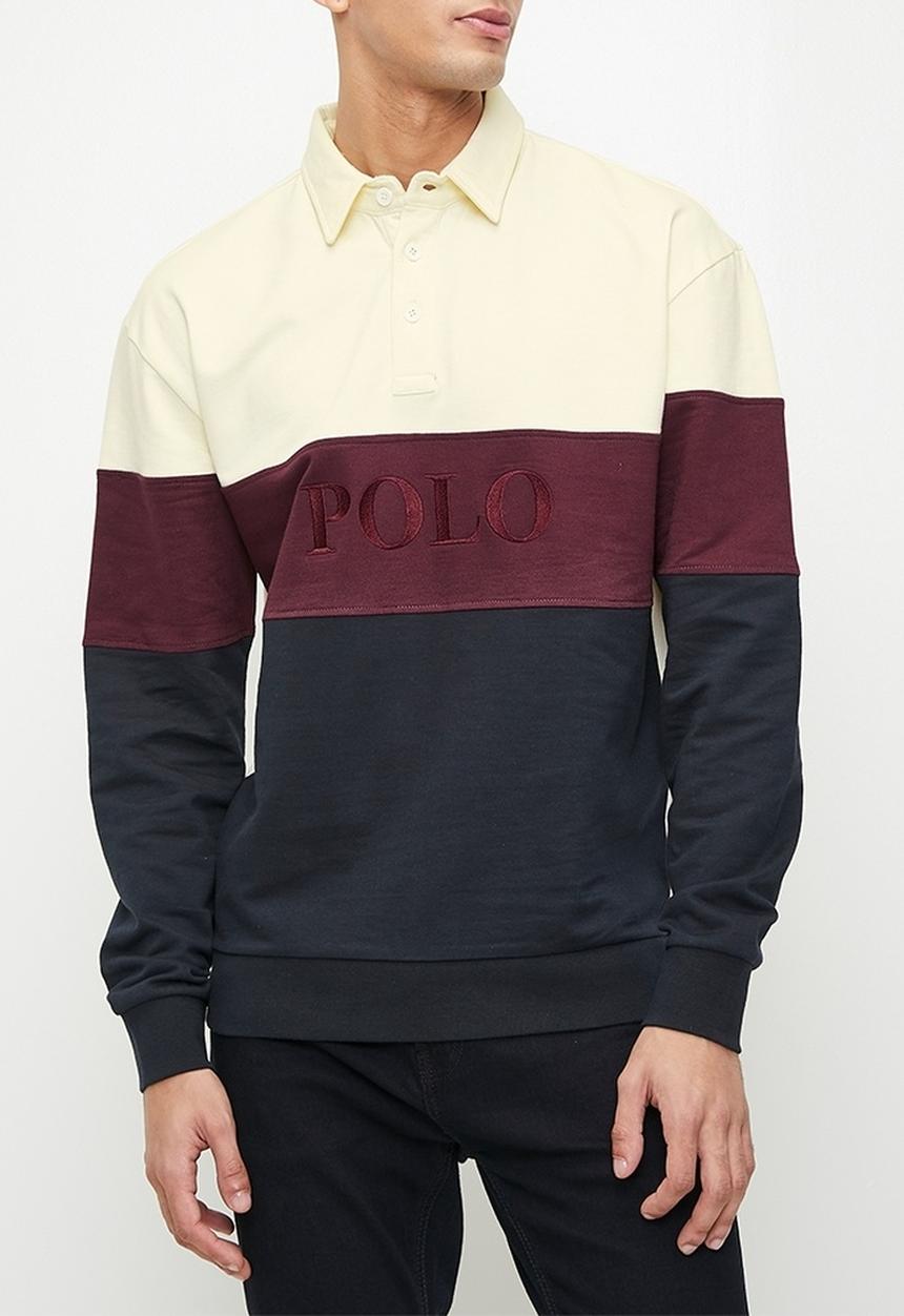POLO - Mens Colour Block Long sleeve Sweater - Burgundy