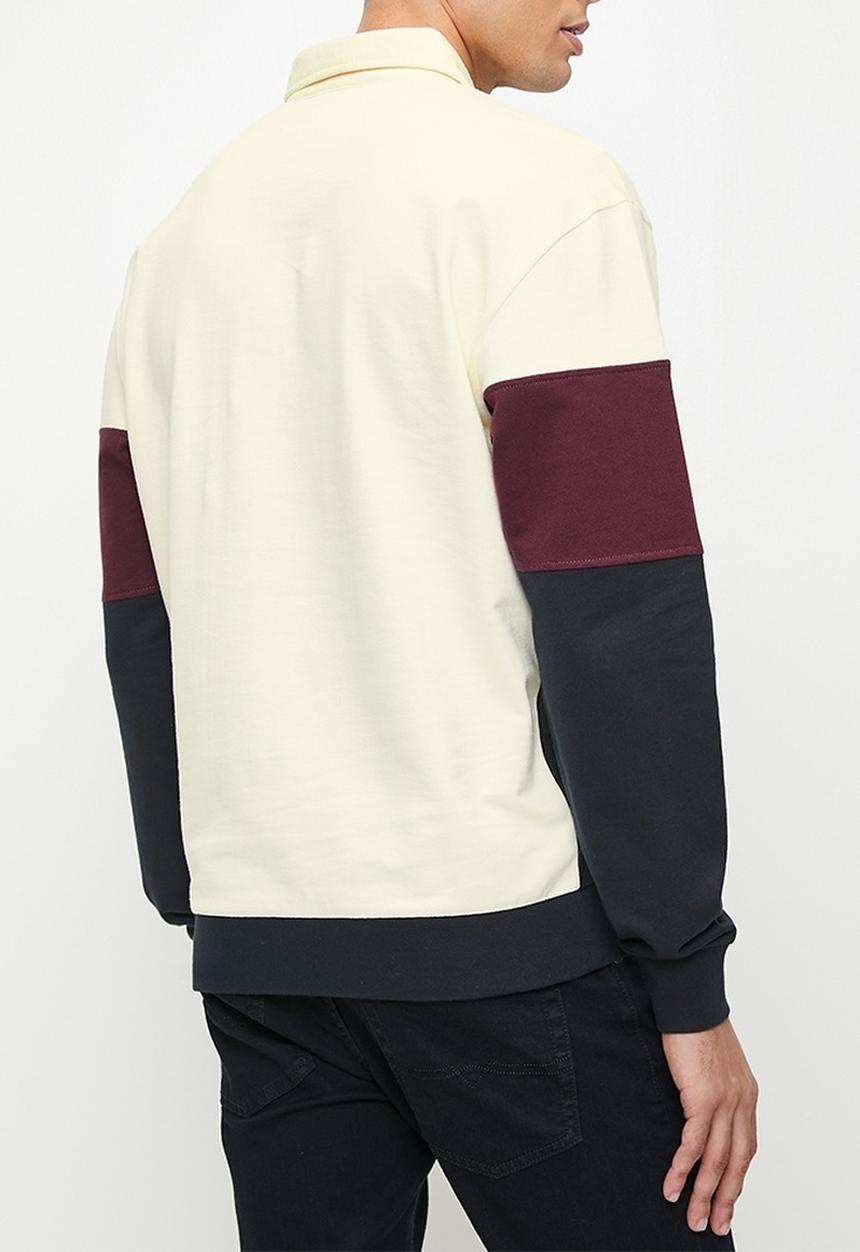 POLO - Mens Colour Block Long sleeve Sweater - Burgundy