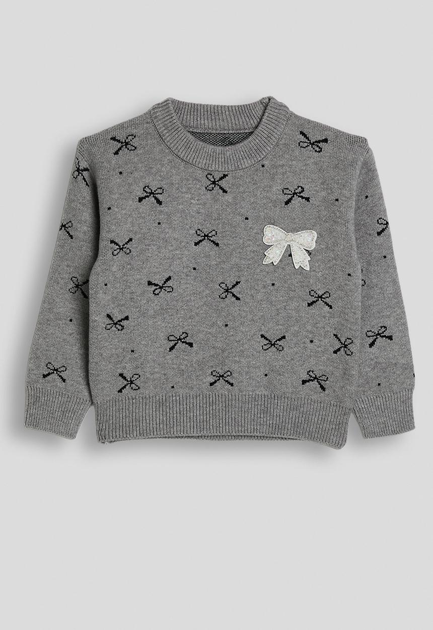 Pop Candy - Knit jumper with ribbed ra-ra skirt - grey/bow aop