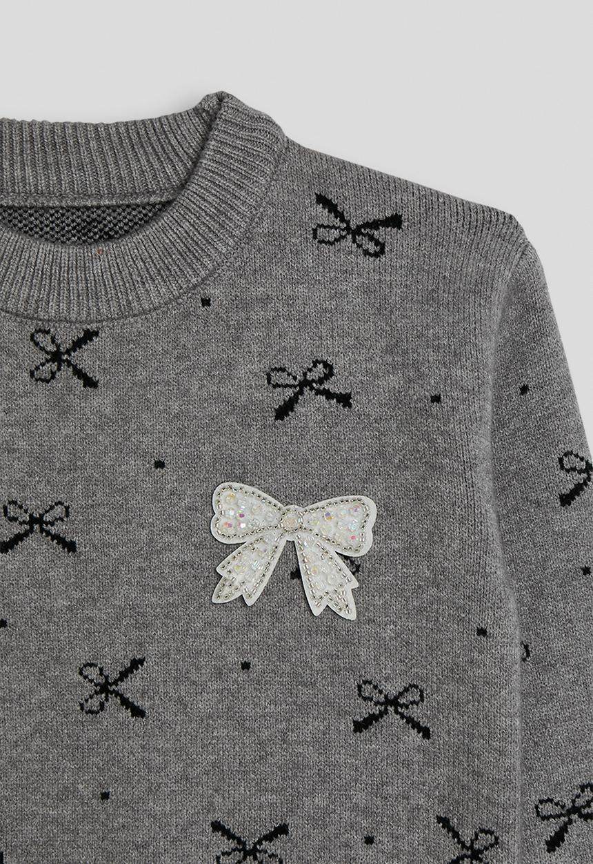 Pop Candy - Knit jumper with ribbed ra-ra skirt - grey/bow aop