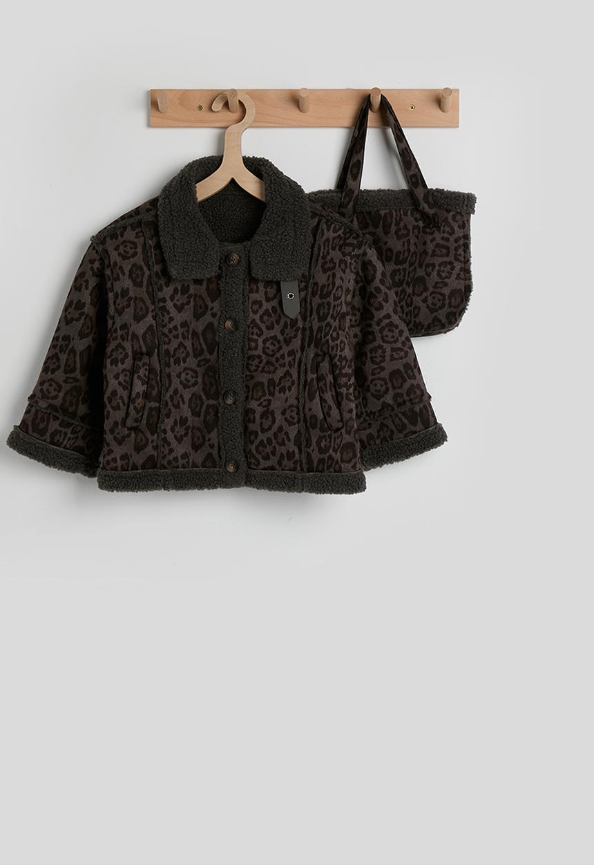 Pop Candy - Shearling lined flying jacket & tote bag - leopard print/dark grey
