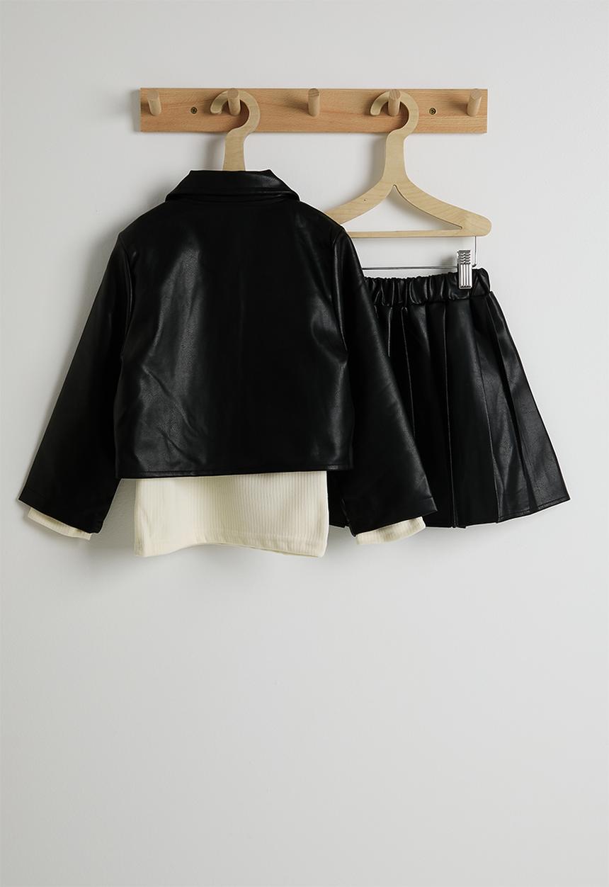 Pop Candy - PU jacket & skirt with ribbed top - black/cream