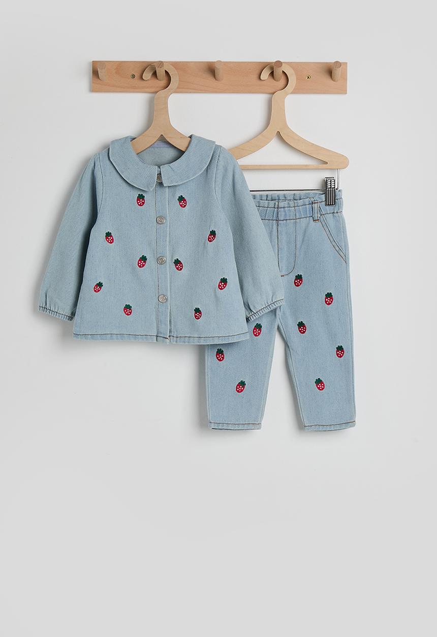 Pop Candy - Embroidered strawberry denim blouse & pants - light blue