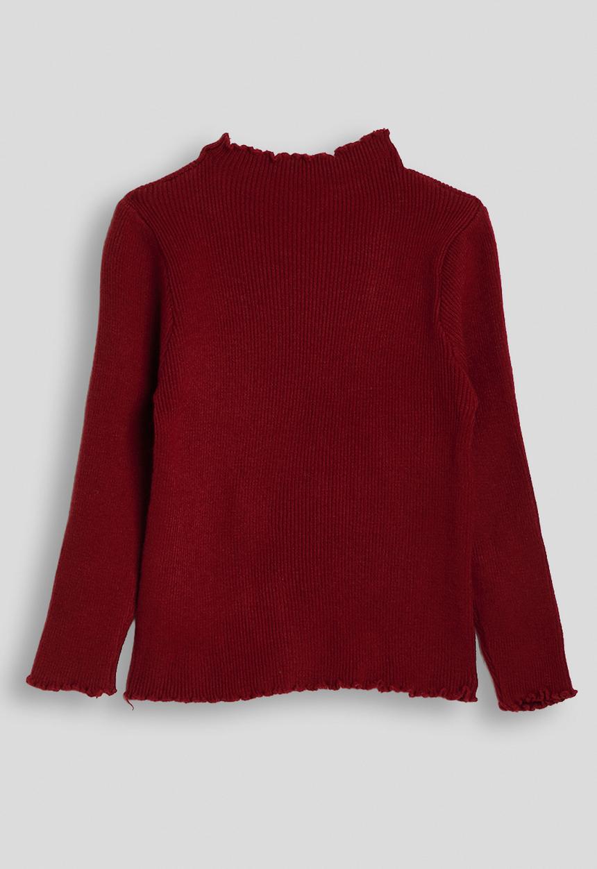 Pop Candy - Ribbed lettuce hem long sleeved top - ruby red