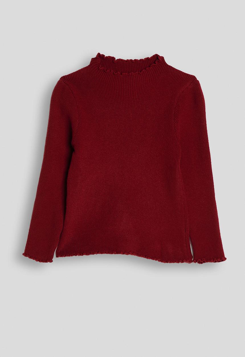Pop Candy - Ribbed lettuce hem long sleeved top - ruby red