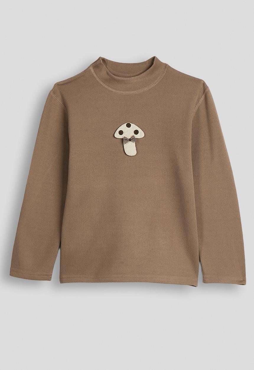 Ribbed high neck top with mushroom - teak brown