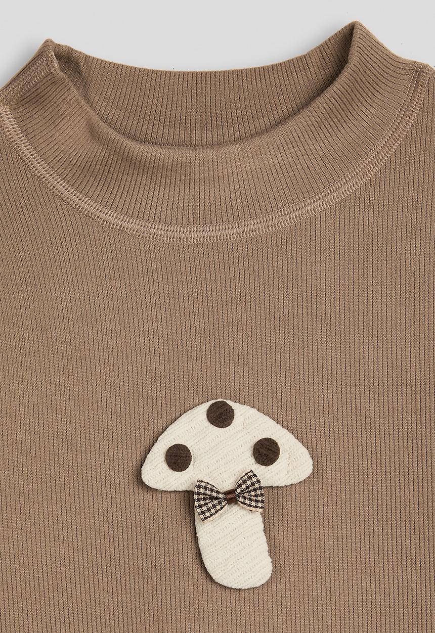 Pop Candy - Ribbed high neck top with applique mushroom - teak brown