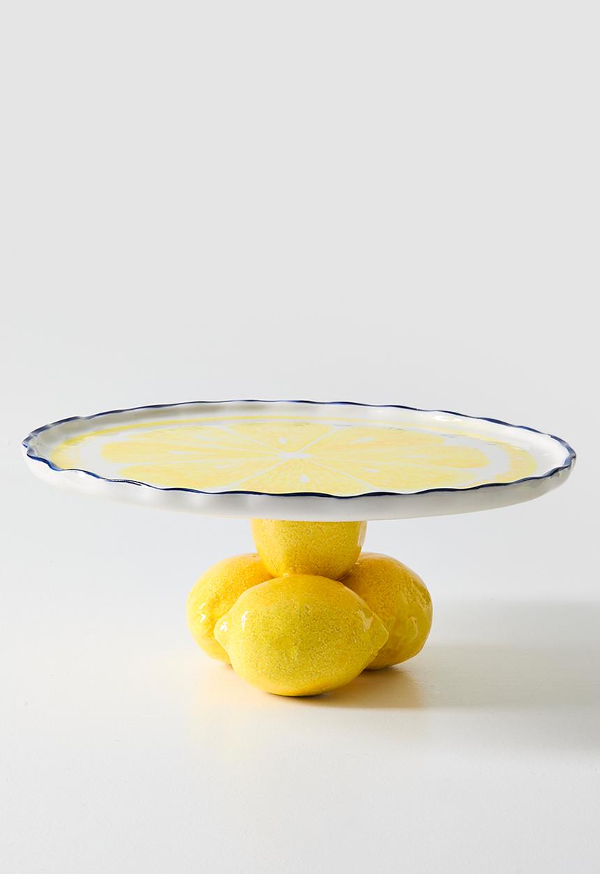 Urchin Art - Cake Stand - Blue rim big lemon - White & Yellow