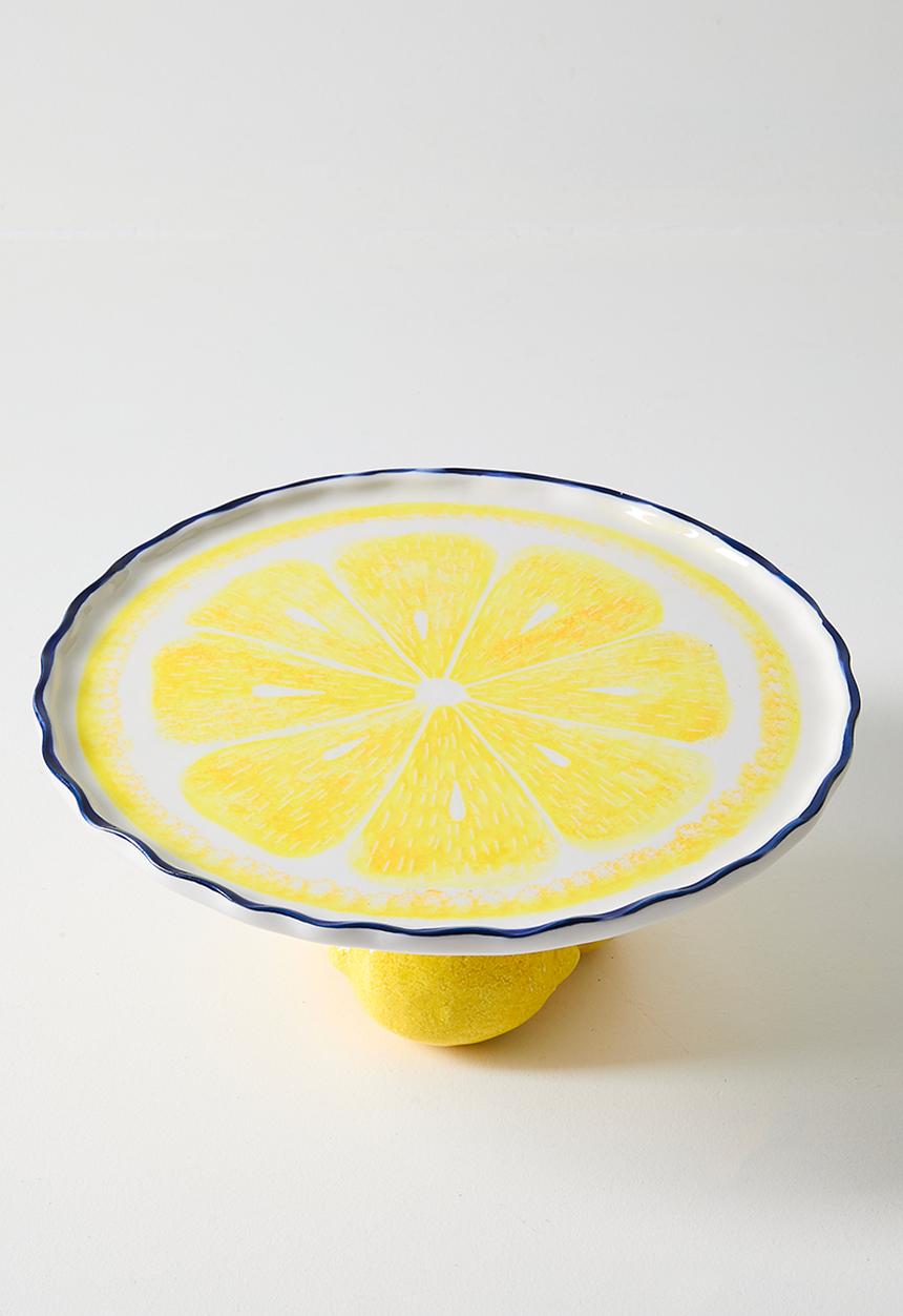 Urchin Art - Cake Stand - Blue rim big lemon - White & Yellow