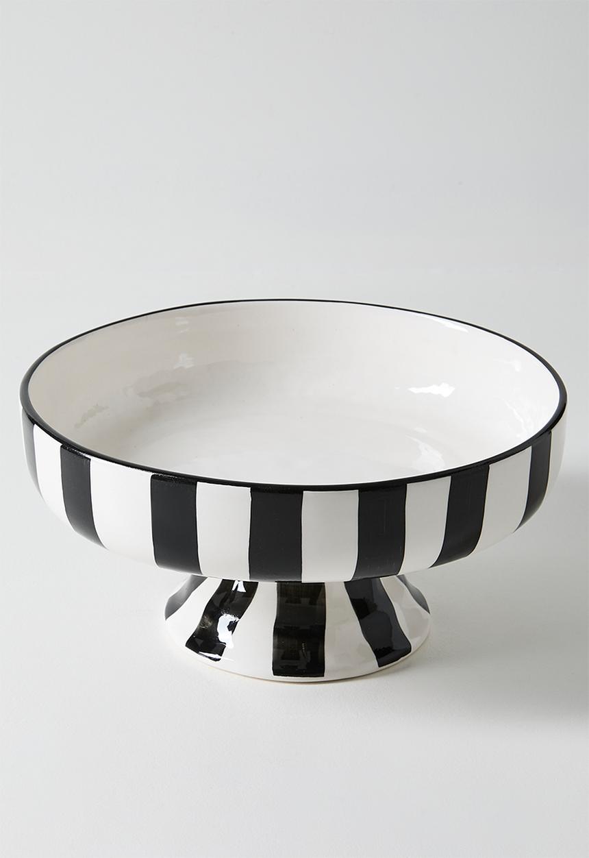Urchin Art - Serving Bowl Short w stand - white & black stripes
