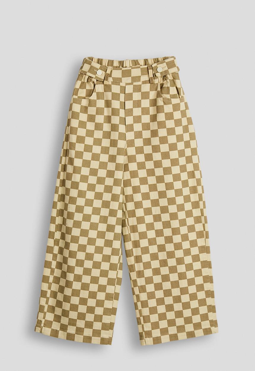 Pop Candy - Button tab wide leg jeans - tan checkerboard/beige