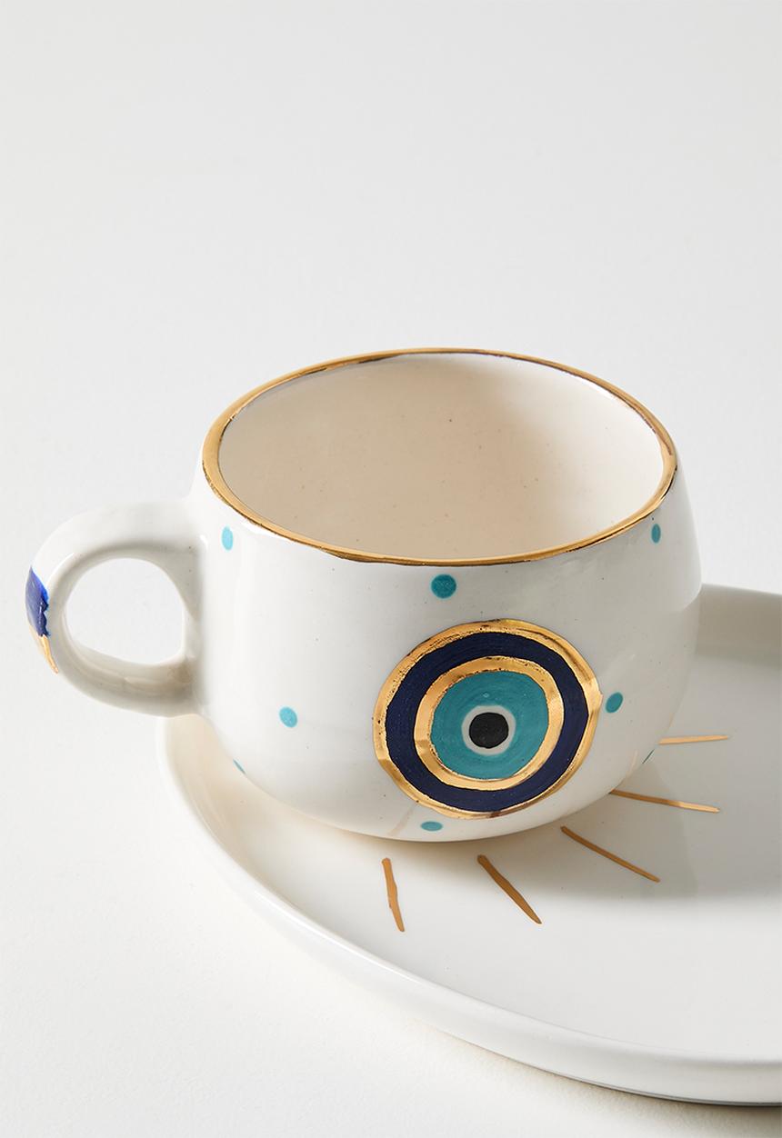 Urchin Art - Cup and Saucer Snack Evil Eye Set of 2 - white