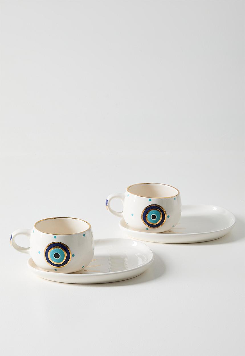 Urchin Art - Cup and Saucer Snack Evil Eye Set of 2 - white
